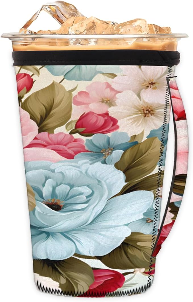 Reusable Iced Coffee Cup Sleeve Peony Neoprene Insulated Sleeves Cup Holder with handle Idea for 30oz - 32oz