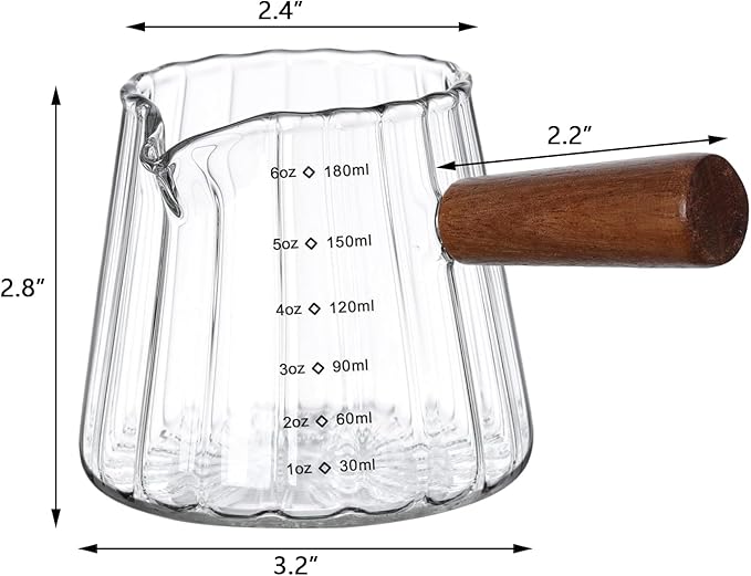 6oz Glass Espresso Cups with Spout, Espresso Accessories, Espresso Shot Glass with V-Shaped Mouth, Ribbed Milk Frothing Pitcher (Clear)