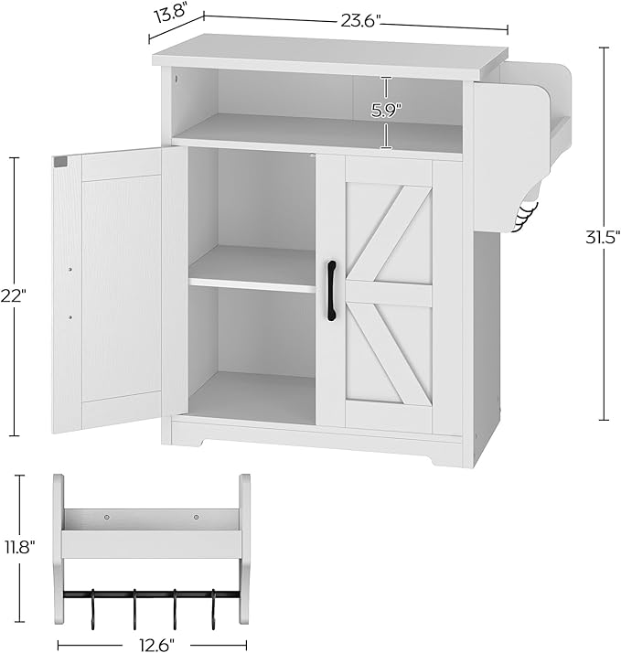 Coffee Bar Cabinet, Kitchen Island with Storage, Farmhouse Sideboard Buffet Cabinet with Dual-Purpose Floating Shelf and Hooks, for Kitchen, Restaurant, Living Room, White KF22WT