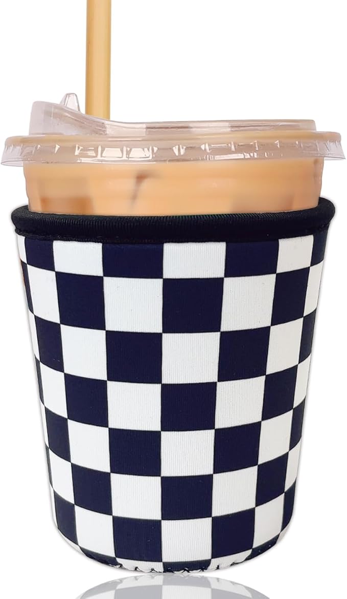 Reusable Insulated Sleeve for Iced Coffee Cup, Coffee Neoprene Sleeve for Cold & Hot Drinks, Beverage Holder for Iced Coffee (Checker Grid, Small: 16-18oz)