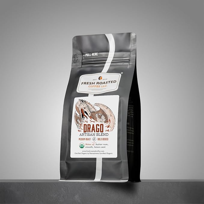 Fresh Roasted Coffee, Organic Drago Café Blend | USDA Organic, Kosher | Medium Roast 12 oz Whole Bean
