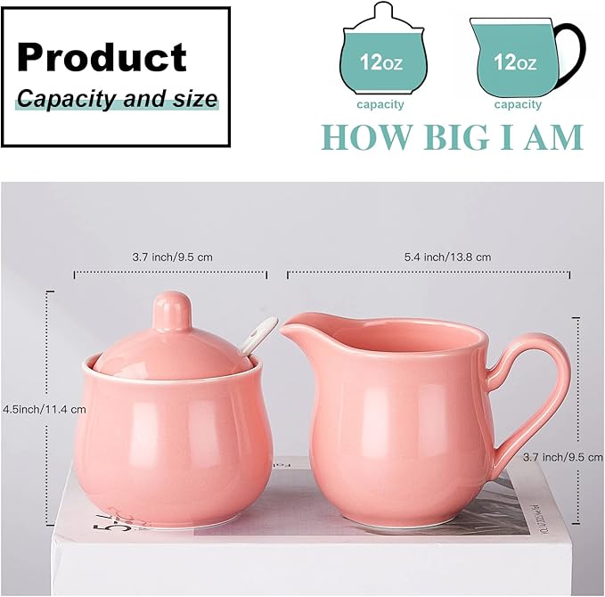 12 OZ Ceramic Sugar and Creamer Set, Coffee Serving Set, 3 Piece Cream Pitcher Sugar Bowl with Lid and Spoon (Pink)