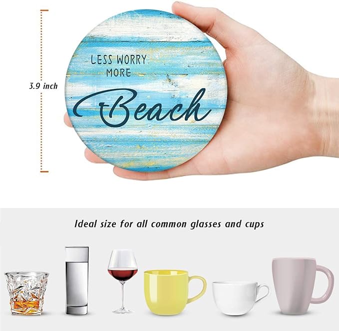 Britimes Coaster for Drinks Set of 6, Beach Shell Antique Teal Blue Table Absorbent Round Ceramic Stone Mat, with Cork Base and Metal Holder, Gift for Housewarming Room Bar Decor