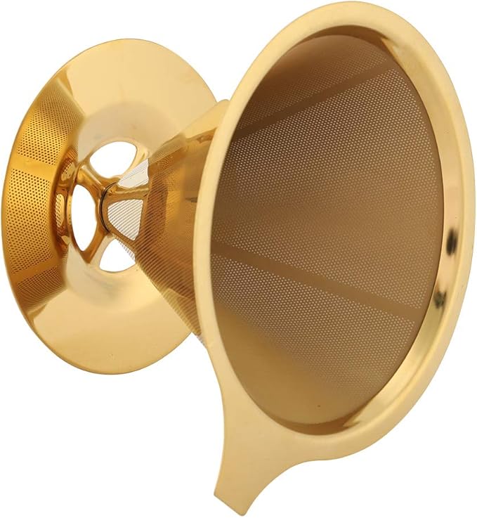 Pwshymi Stainless Steel Coffee Dripper, Gold Pour Over Coffee Filter with Double Mesh and Silicone Base, for Home Office Travel Camping