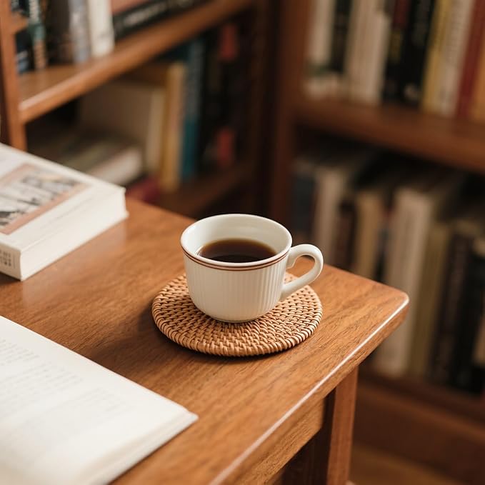 Woven Coasters for Drinks, Beer, Coffee, Home Decor Tabletop Protection, Cotton Fabric Coasters, Suitable for Kinds of Cups, Natural Wood, 4.3 Inches