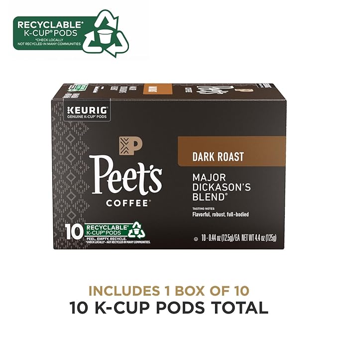 Peet's Coffee, Dark Roast Keurig K-Cup Pods, 100% Arabica Coffee - Major Dickason's Blend 10 Count (1 Box of 10 Pods)