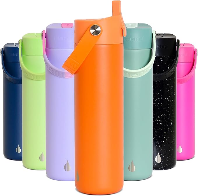 Elemental 24oz Insulated Water Bottle with Straw - 100% Leak-Proof Stainless Steel Core Water Bottles for Travel, Sports and Gym - Double Wall Insulation & BPA Free - Orange