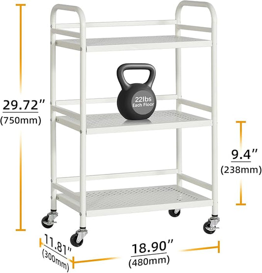 HDANI 3 Tier Rolling Cart,Heavy Duty Multifunctional Metal Frame-Supports 22 Lbs Per Tier,Rolling Cart with 2 Lockable Wheels for Office,Home,Bedroom,Kitchen,Bathroom (White)…