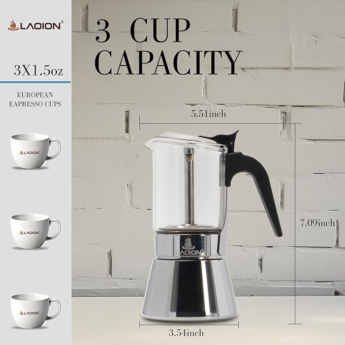 LAOION Stovetop Espresso Maker, 3Cup 160ml Moka Pot, Crystal Glass-top & Stainless Steel Coffee Maker Mocha Pot, Greca De Cafe, Cuban and Italian Coffee Maker for Cafetera Cubana