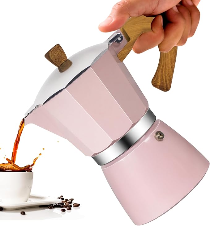 Vaolvpant 6 Cup Aluminum Moka Pot Classic Stovetop Espresso Coffee Maker 300ml 10oz Coffeemaker Percolator Mocha Pot Greca Coffee Maker Cafe Makers for Italian and Cuban Café Brewing Pink