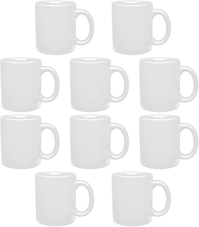 DISCOUNT PROMOS Ceramic Coffee Mugs 11 oz. Set of 10, Bulk Pack - Coffee cup set, Iced coffee cup, Gaming mug - White
