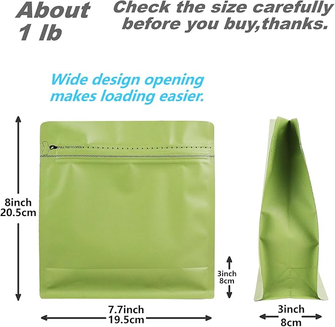 60 Pack High Barrier Stand-Up Coffee Bean Bags with Vented Valve Matte Metallic Heat-Sealable & Resealable Solid Color Pouches (Square,7.7 * 8 inch,1 lb,Avocado Green)