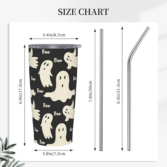 Ghost Pattern 20oz Stainless Steel Insulated Tumblers Travel Mug Cup Leakproof Gift For Men Women Hot & Cold Drinks Splash-Proof Lid Metal Straw and Brush