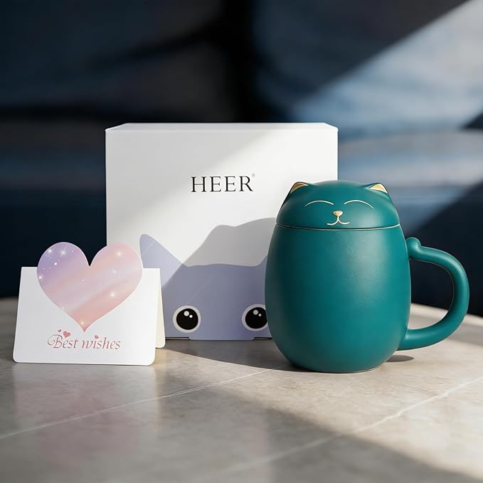 HEER Cat Tea Cup with Infuser and Lid, Cute Tea Mug with Strainer for Steeping Loose Leaf, Ceramic Teacup Birthday Christmas Cat Lover Gifts for Women, Men, Mom, Sisters, besties. (Green)