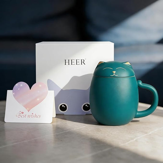 HEER Cat Tea Cup with Infuser and Lid, Cute Tea Mug with Strainer for Steeping Loose Leaf, Ceramic Teacup Birthday Christmas Cat Lover Gifts for Women, Men, Mom, Sisters, besties. (Green)
