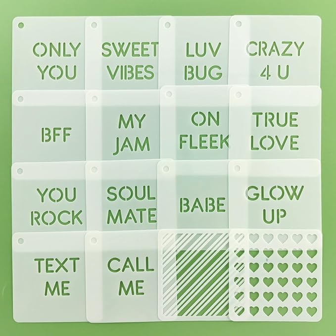 16 Pcs Valentine Conversation Hearts Cookie Stencils with Royal Icing 3x3 in, True Love/Only You/Text Me/Soulmate Love Phrase Sign Sayings Heart Stencils for Valentine's Day Making DIY Crafts