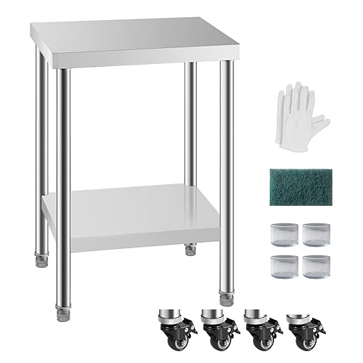 NSF Stainless Steel Table for Prep & Work with Caster 24 x 18 Inches, Metal Commercial Kitchen Table with Under Shelf and Adjustable Table Foot for Restaurant, Home and Hotel