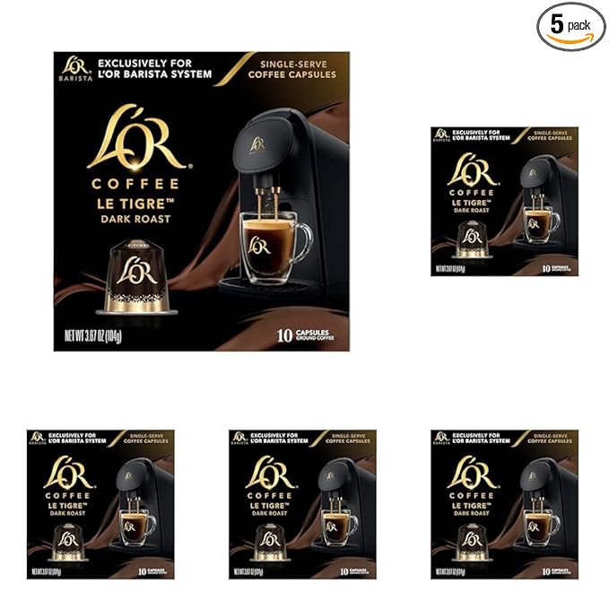 L'OR Coffee Pods, 50 Count Le Tigre Dark Roast Blend, Single-Serve Aluminum Coffee Capsules Compatible with the L'OR BARISTA System & *Nespresso Original Machines, 50 Count (Pack of 5)