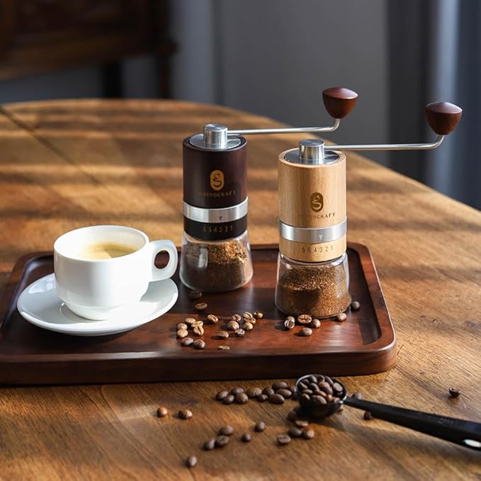 Premium Manual Burr Coffee Grinder - Made with real Beechwood; Hand Coffee Grinder with Stainless Steel Burr Mill; Extra-Fine to Coarse Coffee & Espresso Burr Grinder (Light Brown)