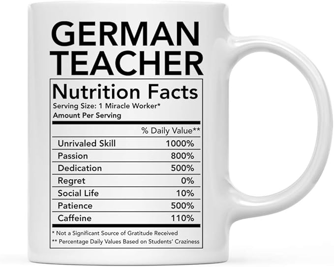 Andaz Press Funny 11oz. Ceramic Coffee Tea Mug Thank You Gift, German Teacher Nutritional Facts, 1-Pack, Novelty Gag Birthday Christmas Gift Ideas Coworker
