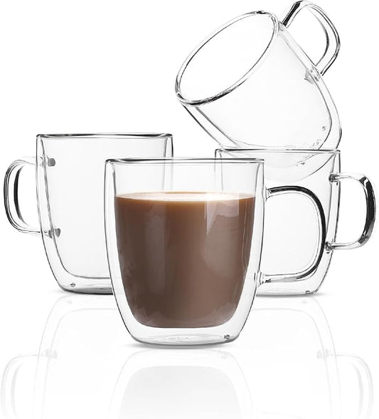 BTaT- Double Walled Glass Coffee Mugs, 12 oz, Set of 4, Glass Coffee Cups with Handle, Insulated Clear Coffee Mug for Hot Beverages, Cappuccino, Latte, Tea, Americano, Microwave & Freezer Safe