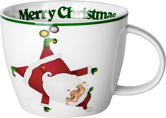 Merry Christmas Coffee Mug Huge Novelty Cup Funny Ceramic Soup Bowl with Handle, 30 oz Wide, Multi-purpose, Santa Mug for Co-workers, Friends, Holiday Decor, White Green Letters
