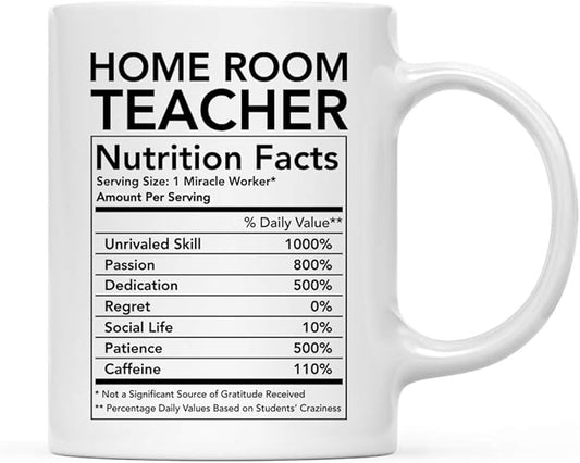 Andaz Press Funny 11oz. Ceramic Coffee Tea Mug Thank You Gift, Home Room Teacher Nutritional Facts, 1-Pack, Novelty Gag Birthday Christmas Gift Ideas Coworker
