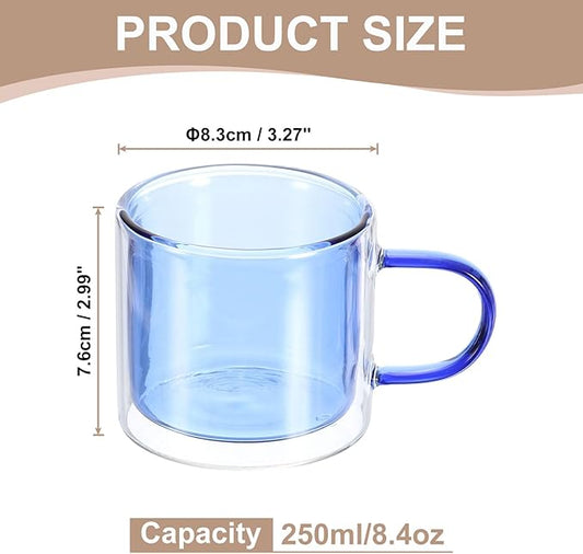 uxcell 8.4 oz Double Wall Glass Coffee Mugs, Glass Tea Cup with Widened Handles for Espresso Coffee, Cappuccino, Tea Bag, Latte, Hot Cold Beverages, Juice, Blue