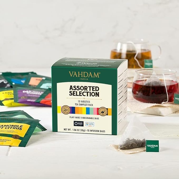VAHDAM, Assorted Tea Sampler (15 Different Variety in Individually Wrapped Pyramid Tea Bags) Long Leaf Premium Teas I Tea Gift Set I Valentines Day Gifts Ideas for Tea Lovers
