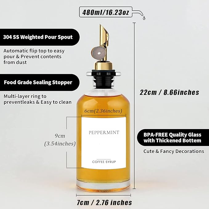Set of 3 Coffee Syrup Glass Dispenser Bottles 16.23oz Pump Bottles with 20 Labels for Coffee Bar Organization
