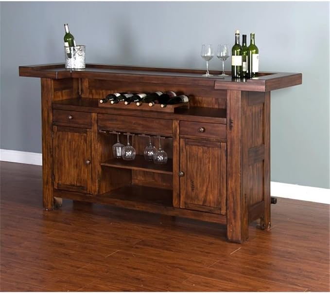 Pemberly Row 78" Farmhouse Wood Freestanding Island Home Bar Unit, Stemware Wine Rack, Storage Cabinets, for Kitchen and Basements, in Mahogany Brown