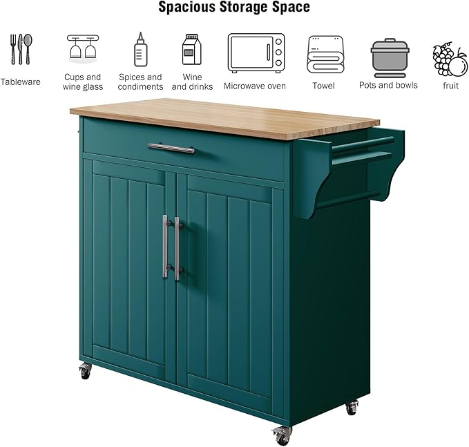 Kitchen Storage Island, Wooden Rolling Kitchen Island On Wheels with Countertop, Mobile Kitchen Island Cart with Towel Rack, Spice Rack and Drawers, Green