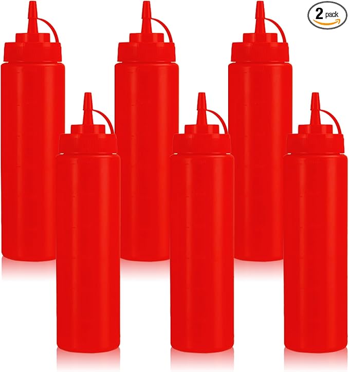 Squeeze Bottles for Sauces,Leak-Proof Condiment Dispenser, BPA-Free Kitchen Restaurant Squeeze Bottle Set with Wide Mouth for Ketchup, Mustard,Syrup,Dressings (Red, 6Pack-24oz(600ml))