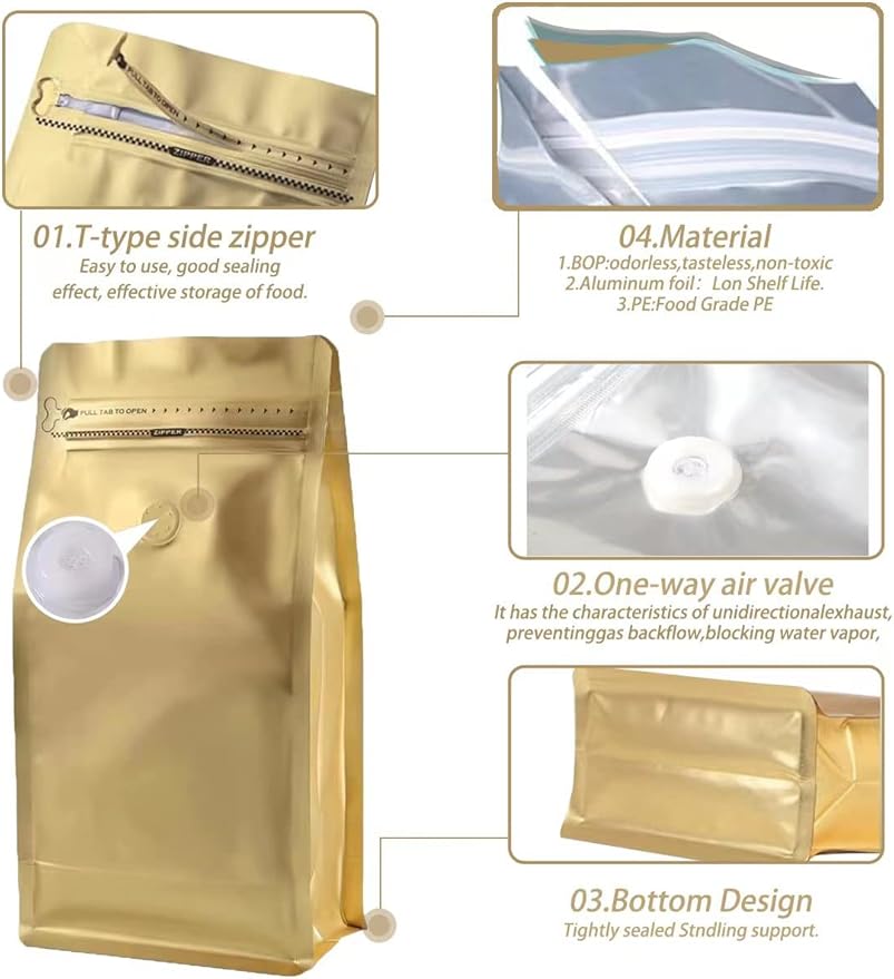 Coffee Bags with Valve(12 oz,3/4 lb,50pcs) Gold High Barrier Aluminum Foil Flat Bottom Heat Sealed Coffee Beans Packaging Bags Side Zipper Resealable for Home or Business