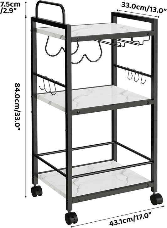 Bar Cart for The Home, 3 Tier Kitchen Carts with Wheels, Small Rolling Cart with Glass Holders, Wine Rack, Mini Bar Cart for Kitchen, Dining Room, Living Room, 13.0" D x 17.0" W x 33.8" H, Greige