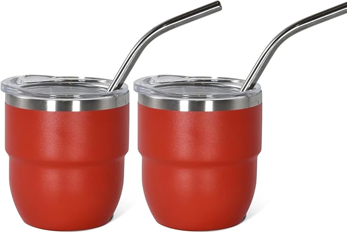 4oz Stackable Cup, Vacuum Insulated Espresso Cup Set of 2, Espresso Shot Glass for Coffee, Double Wall Stainless Steel Mini Tumbler Shot Glasses with Straw and Lid