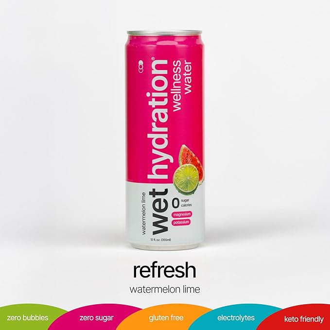 Wet Hydration | Functional Wellness Water, Non-Carbonated - Watermelon Lemon Lime (12 Ounce Cans, Pack of 12) - Flavored Water, Hydration Drink, No Sugar, No Artificial Ingredients, Zero Calories