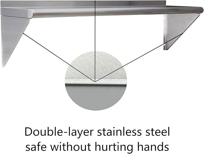 Stainless Steel Shelf 12"x48", Space-Saving Wall Mounted Shelving, 320lb Heavy Duty Steel Shelves with Easy-Clean Surface for Kitchen, Restaurant, Bar, Hotel (Commercial & Home Use)