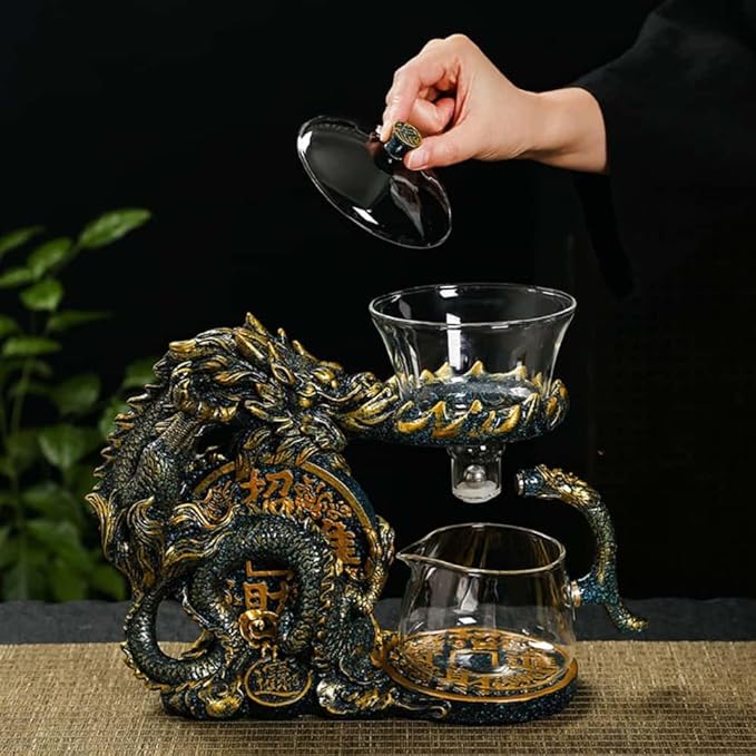 Glass Teapot Set with Infuser Semi Automatic Dragon Tea Set with 6 Small Cups (blue golden dragon-b)