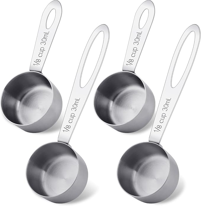 4Pcs 1/8 Cup Measuring Cup, 30ml Scoop, Stainless Steel Measuring Cups, Coffee Scoops, Measuring Scoops Tablespoon Measure Spoon, Short Handle & Long Handle Cooking Measuring Scoop(30ML)