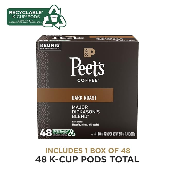 Peet's Coffee, Dark Roast Keurig K-Cup Pods, 100% Arabica Coffee - Major Dickason's Blend 48 Count (1 Box of 48 Pods)