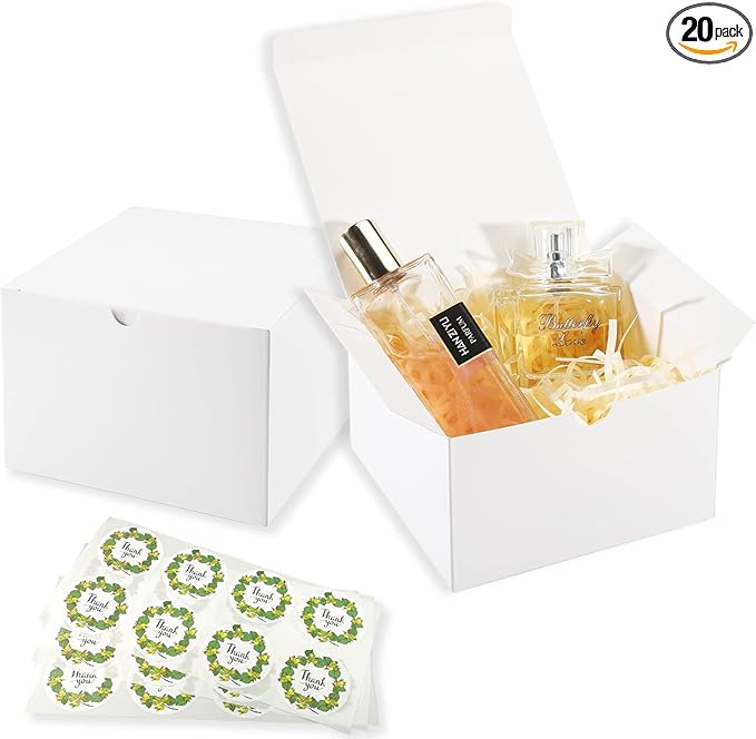 Frantis White Gift Boxes 20 Pack 6x6x4 inch Small Gift Box with Lids for Weddings, Christmas, Ornaments, Bridesmaid Boxes Easy to Assemble Includes 24 Thank You Stickers