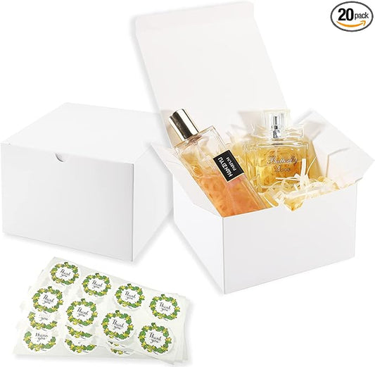 Frantis White Gift Boxes 20 Pack 6x6x4 inch Small Gift Box with Lids for Weddings, Christmas, Ornaments, Bridesmaid Boxes Easy to Assemble Includes 24 Thank You Stickers