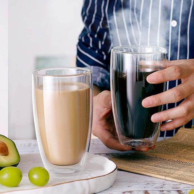 CNGLASS Double Wall Thermo Glass Cup 13.5 oz,Insulated Glass Coffee Set of 2