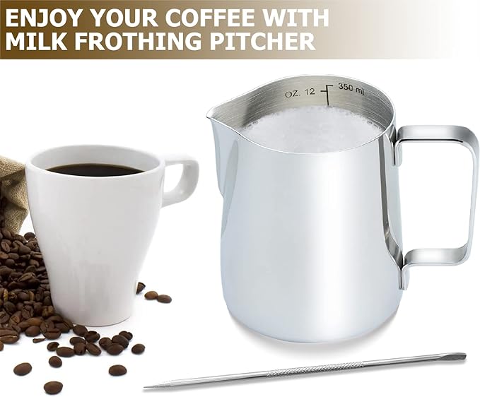 CAMKYDE Stainless Steel Milk Frothing Pitcher 32 oz, Espresso Steaming Pitcher with Decorating Pen for Espresso Machines, Cappuccino, Latte Art (Silver)