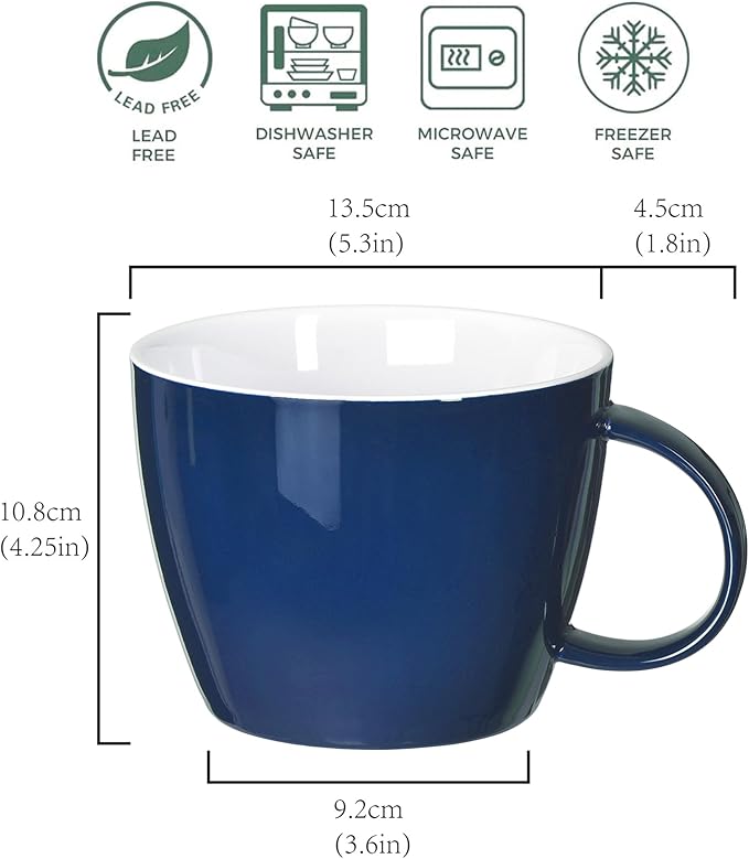 Porcelain Coffee Mug 30 OZ, Oversized Soup Mug Soup Bowl with Handle Jumbo Latte Cup for Coffee, Oatmeal, Gumbo, Salad, Microwave and Dishwahser Safe, Cool Blue