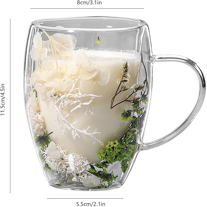 Flower Glass Double Wall Glass - 350ml Aesthetic Dried Flowers Double Wall Glass Coffee Mugs | Clear Glass Cups With Handle,Anti-Scalding Coffee Cups For Hot Beverages,Tea Or Coffee
