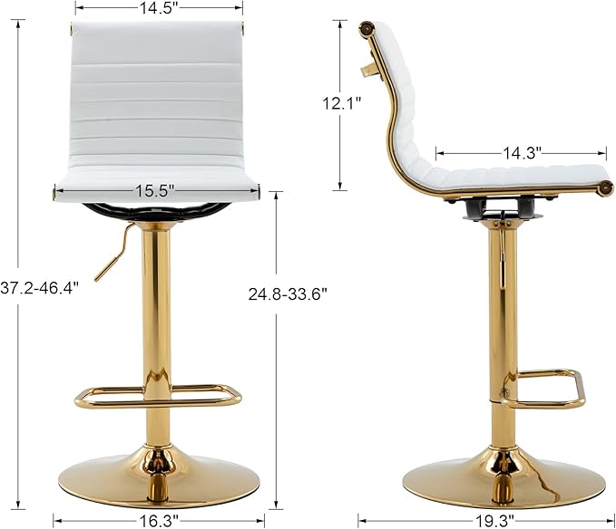 White Barstools Bar Height Set of 3 Adjustable Faux Leather Counter Height Bar Stool Chair with Back for Kitchen Island Breakfast Bar (White with Gold Base, 3 Pack)