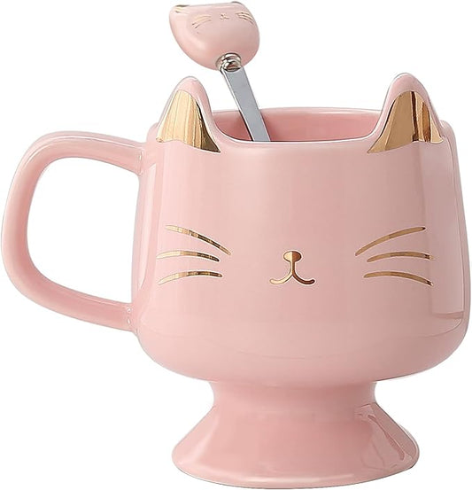 Yuwu Ceramic Coffee Mug, Cute Cat Tea Mug with Spoon, Funny Gifts for Women Girls for cat lovers (Pink)