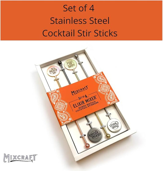 Elixir Mixer Cocktail Stirrers, Stainless Steel Drink Stirring Swizzle Sticks, Mixed Metals, Set of 4